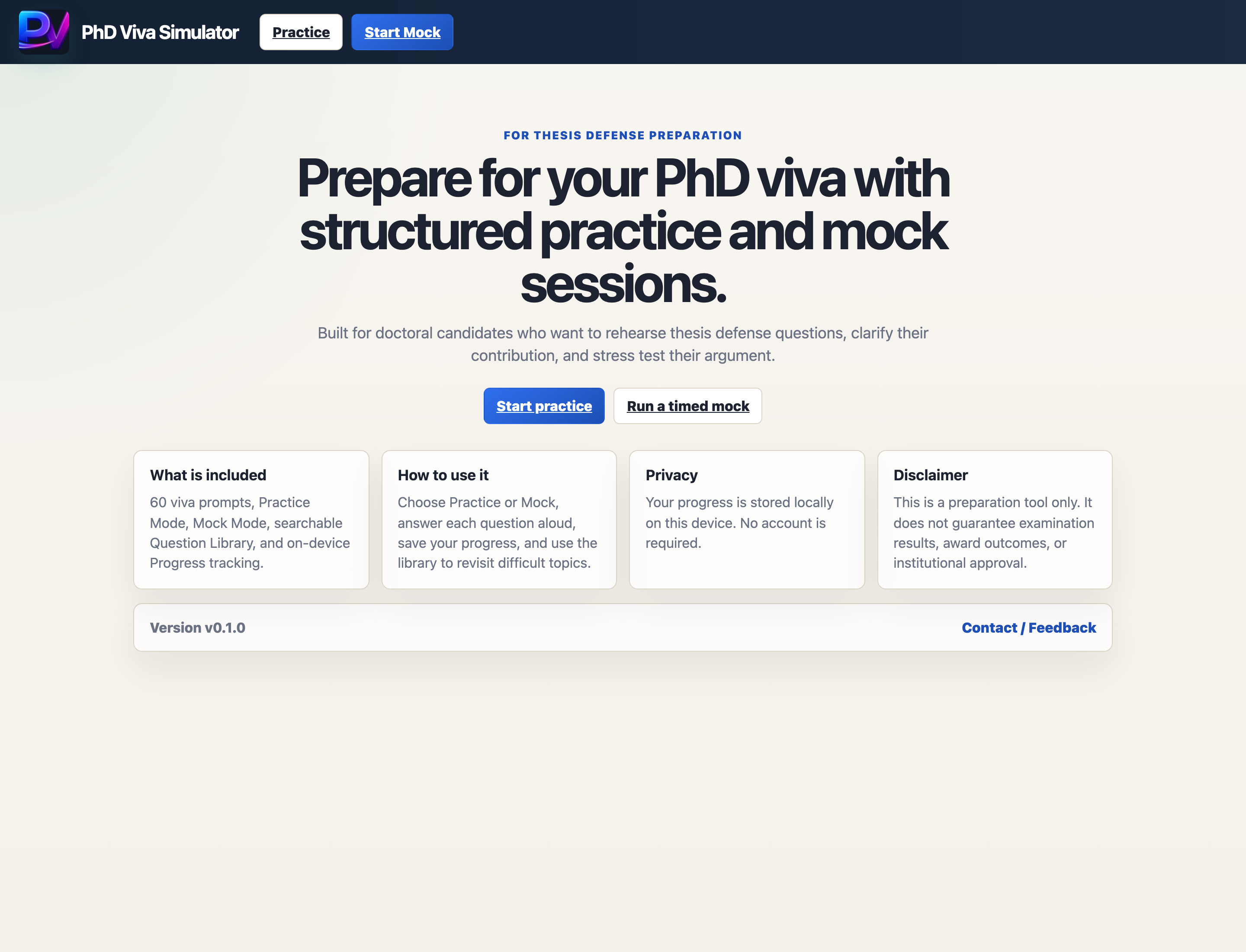 PhD Viva Practice Simulator landing screen with practice and timed mock calls to action.
