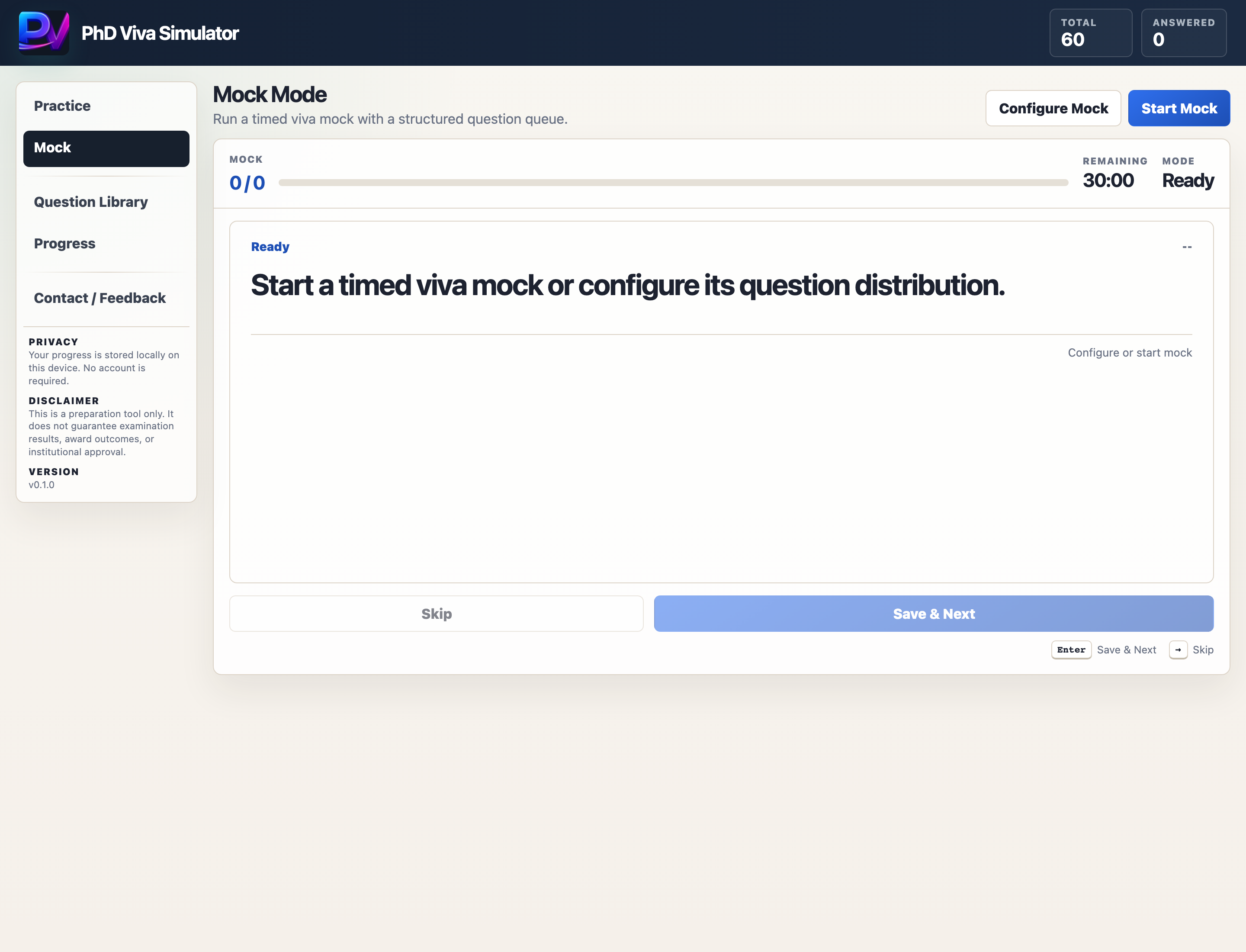 Mock Mode view with countdown timer and save and next controls.