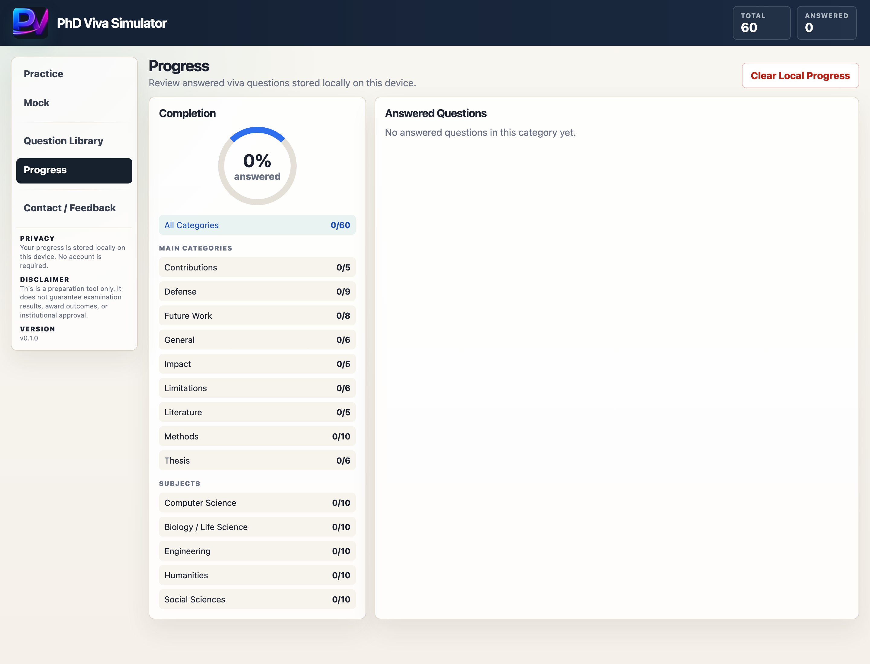 Progress dashboard showing answered questions and completion percentage.